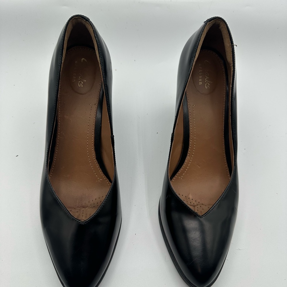 Clarks Artisan Kadri Leah Leather Pumps Black 3” Block Heel Comfort 9.5 EUC